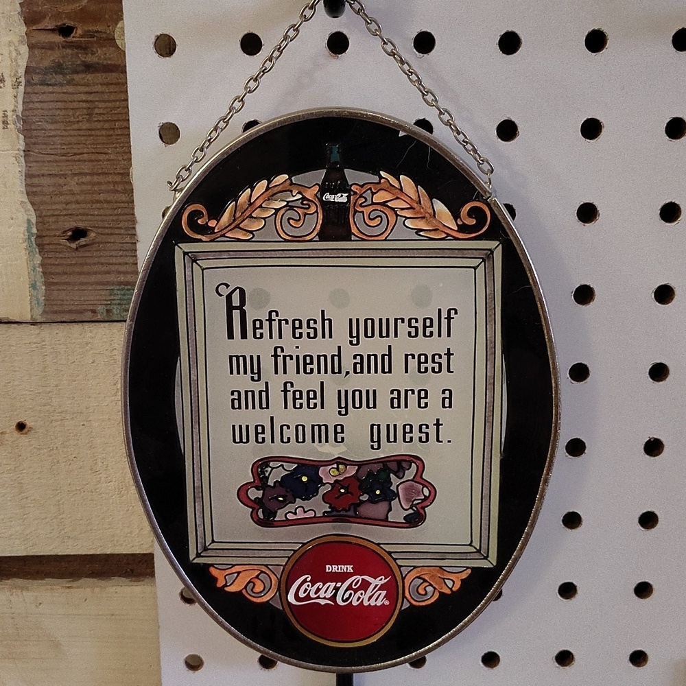 Coca-Cola stained glass hanging sign with chain 7" oval